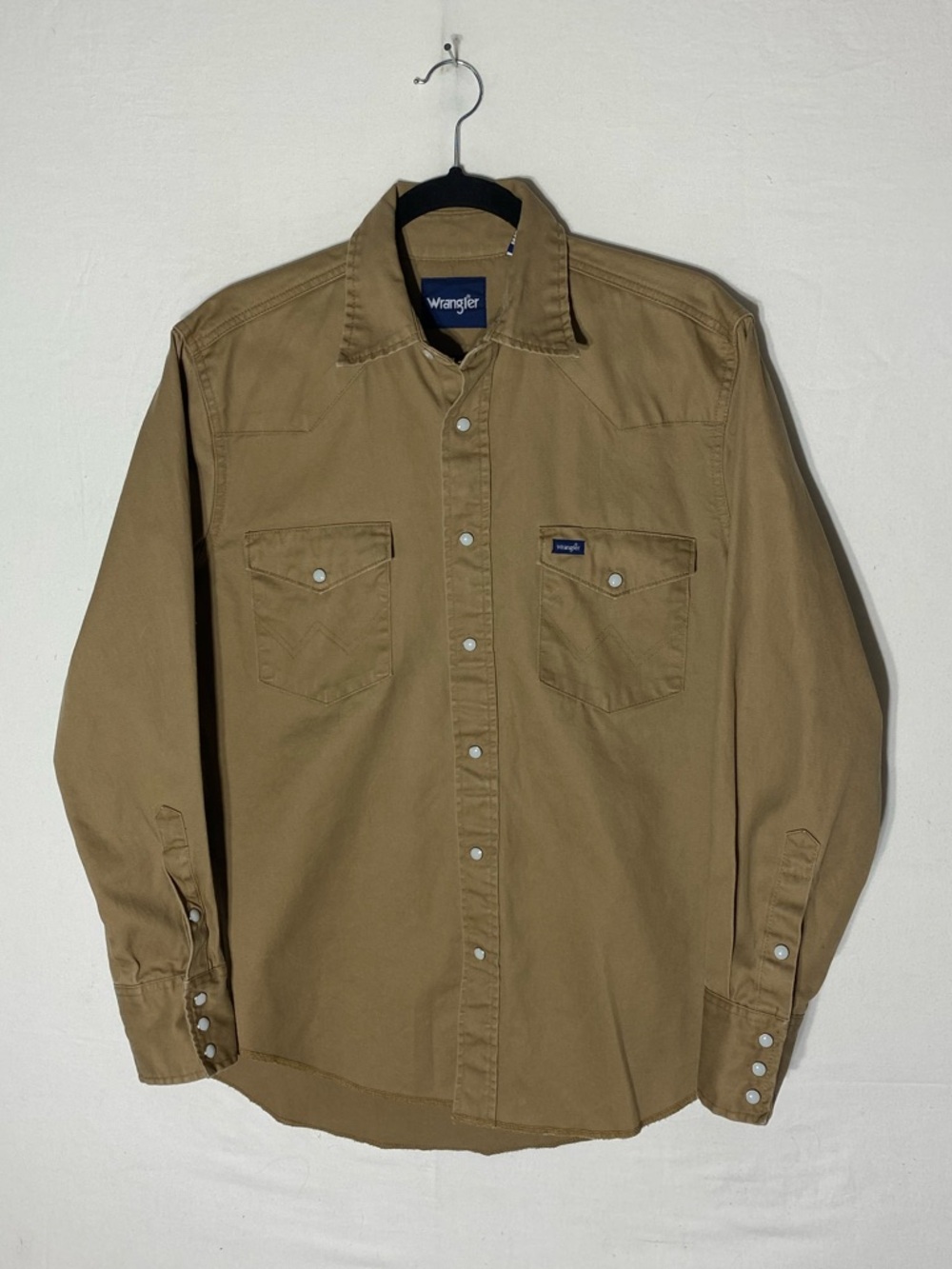 Vintage 90s Wrangler Tan Cotton Long Sleeve Pearl Snap Shirt M Western Cowboy